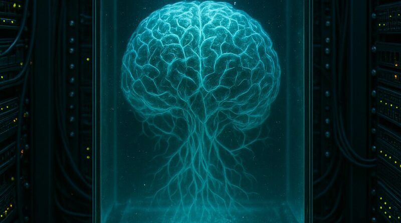 Cerveau luminescent dans une salle serveur